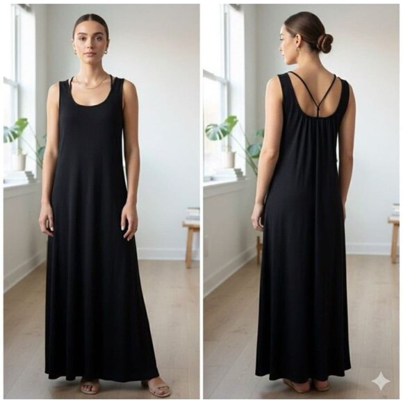 Eileen Fisher Dresses & Skirts - Eileen Fisher Black Viscose Jersey Strappy Back Maxi Dress XL Sleeveless Scoop